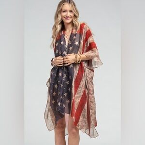 Ruggine American Flag Print 4th July Sheer Kimono Side Slits One Size